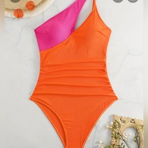 NWOT Bright Orange and Pink Ribbed One Piece Swim Suit Sz 3X